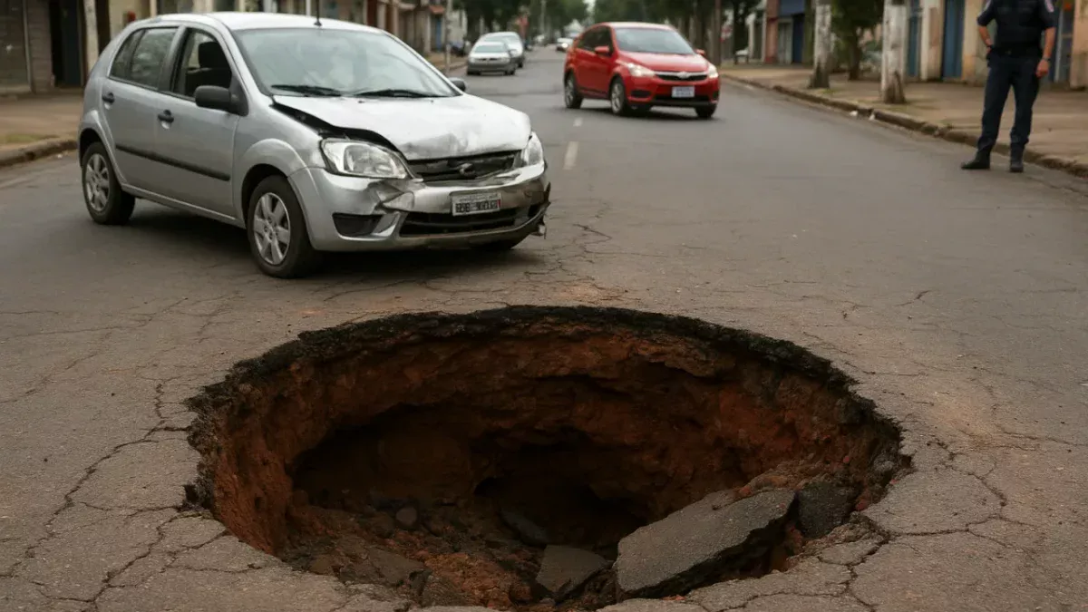 Buraco na Avenida Duque de Caxias provoca colisão e deixa dois feridos